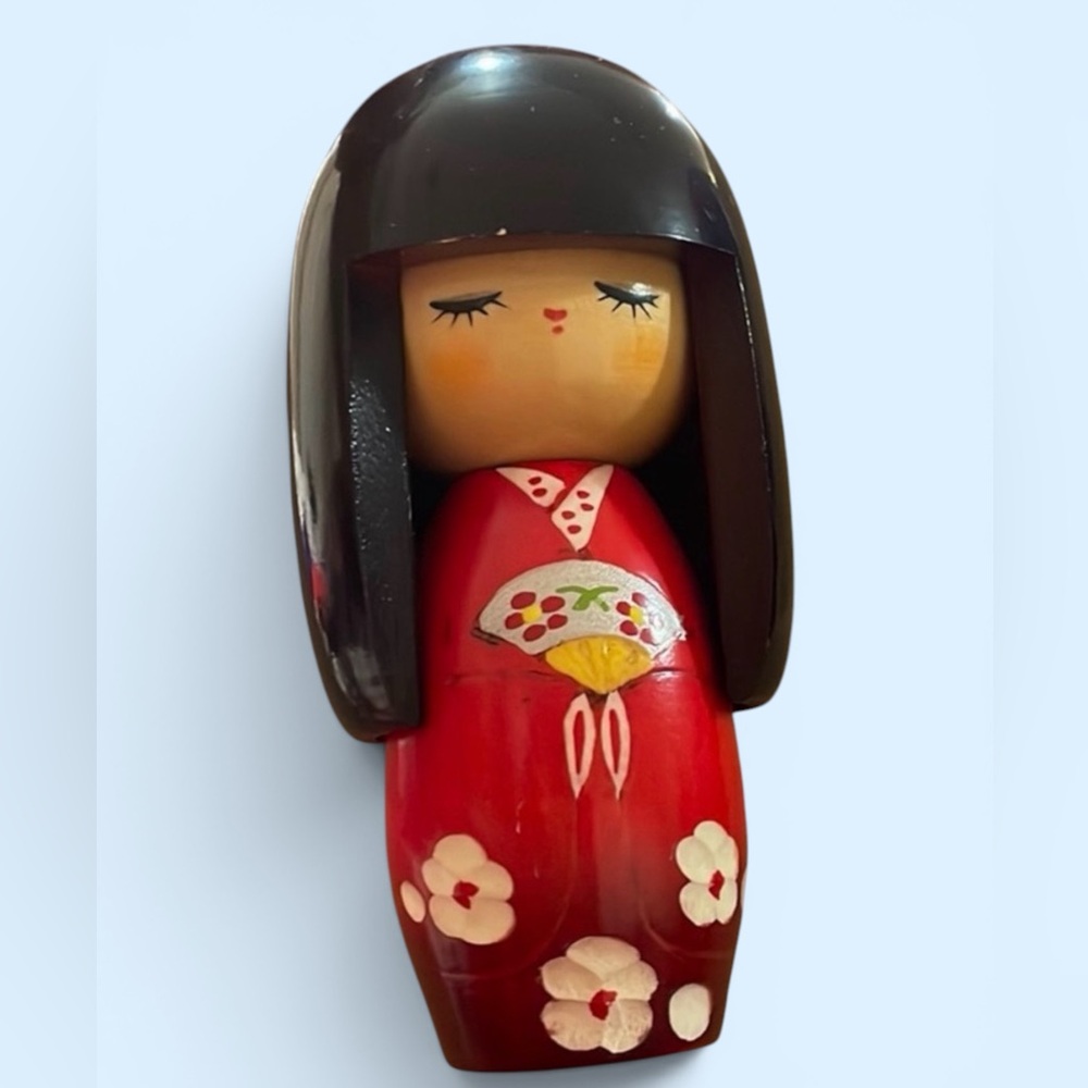 Authentic Chie Kokeshi Doll with red kimono, cherry blossom, mid size.